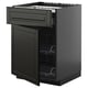 Modern black kitchen unit with drawer and shelf storage.