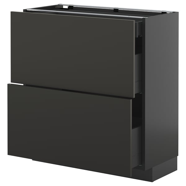 Modern black METOD kitchen unit with two drawers, sleek design, durable particleboard.