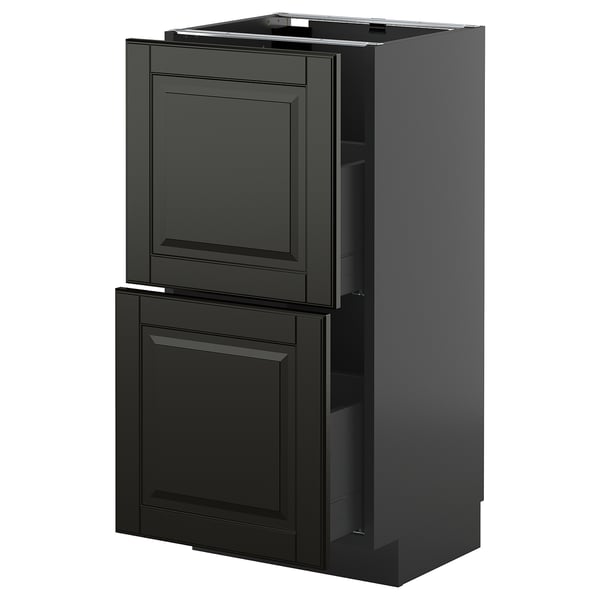 Black METOD kitchen cabinet with two drawers and bevelled edges.