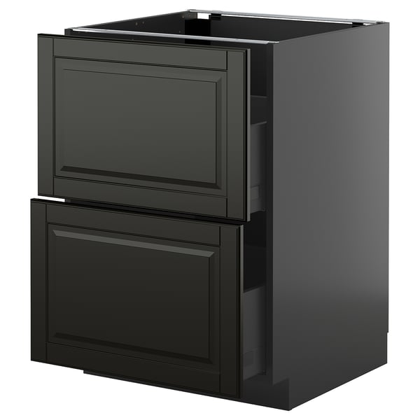 Modern black kitchen cabinet with two drawers.