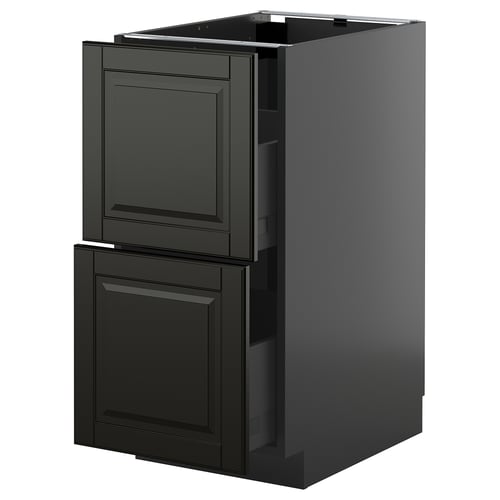 A black METOD kitchen cabinet with two drawers and a door, featuring sleek bevelled edges and a modern design.