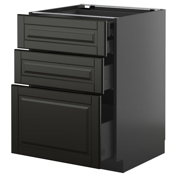 METOD black kitchen cabinet with bevelled edges & three drawers.