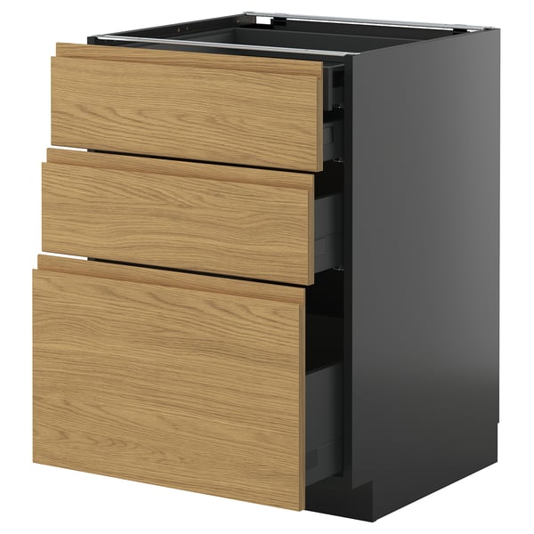 Modern kitchen unit with three wooden drawers in light oak, dark grey body, minimalist style.