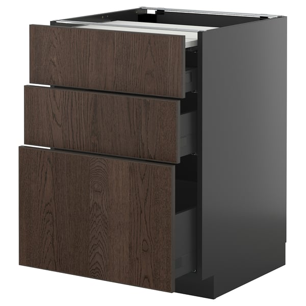 Ikea METOD kitchen unit with dark brown drawers and black base.