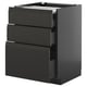Modern black kitchen cabinet with three drawers, sleek design.
