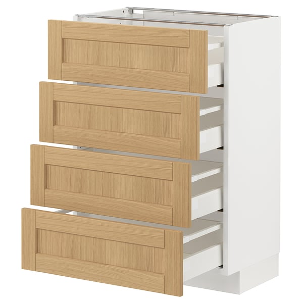 Modern METOD kitchen cabinet with 4 light wood drawers, partially open, sleek design.