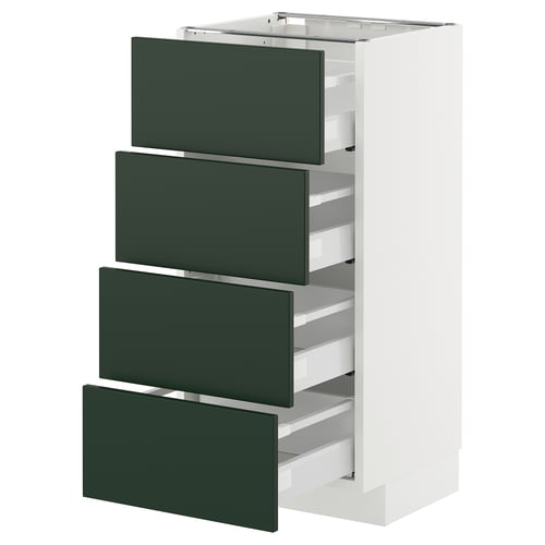 Modern white cabinet with four green drawers. Sleek, flat design; runs on smooth glides.