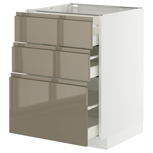 Depicts a white METOD kitchen unit with three high-gloss dark grey-brown drawers. The unit modern, sleek handles and a sturdy construction.