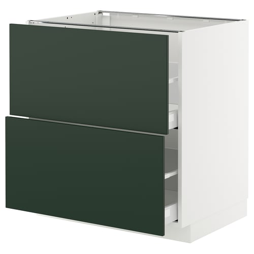 Modern kitchen cabinet in deep green with two pull-out drawers, part of IKEAs METOD series.