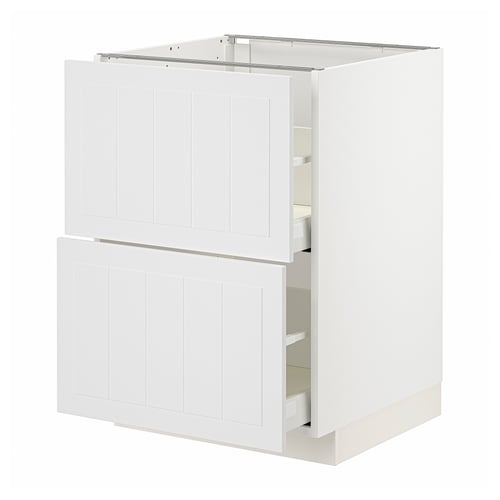 A white METOD kitchen cabinet with two drawers and one door open. The cabinet is modern and white with a rectangular shape.