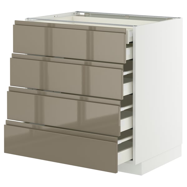 Modern kitchen unit with 4 high gloss dark grey-brown drawers, stainless handles, and white frame.