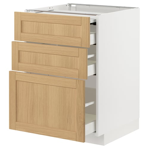Modern kitchen cabinet, light wood drawers, white frame, sleek design.