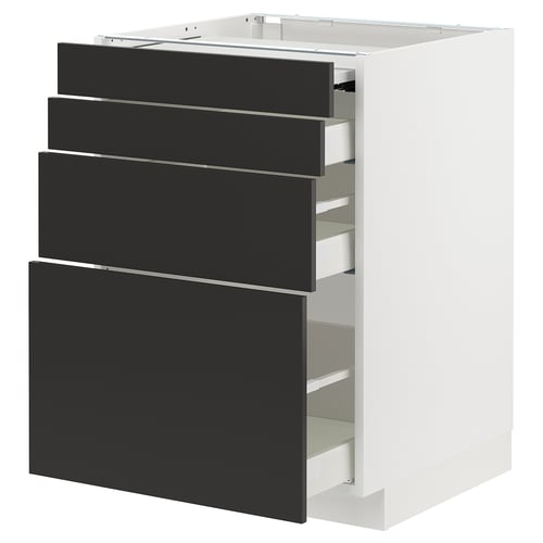 Modern kitchen cabinet with 4 black drawers, sleek design, white frame, smooth runners.