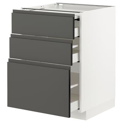 Modern kitchen cabinet: white base, dark grey drawers. Three drawers, fully extendable.