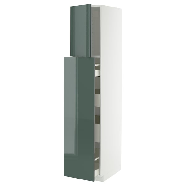 Modern tall kitchen cabinet, high-gloss grey-green, with multiple shelves and drawer front.