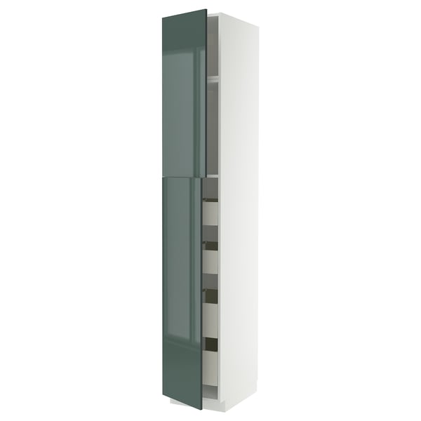 A tall, modern cabinet with white and green high-gloss doors and multiple shelves, part of the METOD kitchen system.