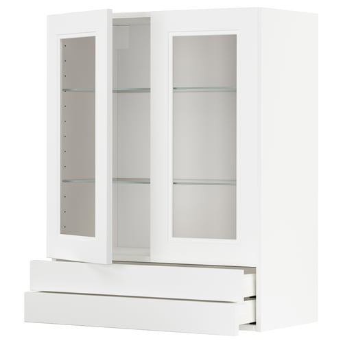 White METOD kitchen units: glass doors, 3 shelves, drawners.
