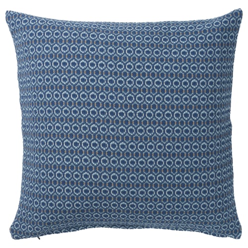 MOROTSMOTT cushion cover: square, dark blue with grey, intricate pattern, zip closure, 100% recycled cotton.