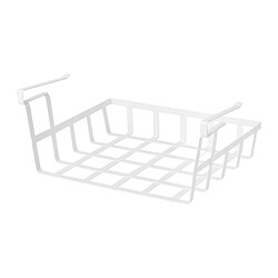 White PÅLYCKE steel basket for kitchen storage, clips onto shelves with grid pattern.