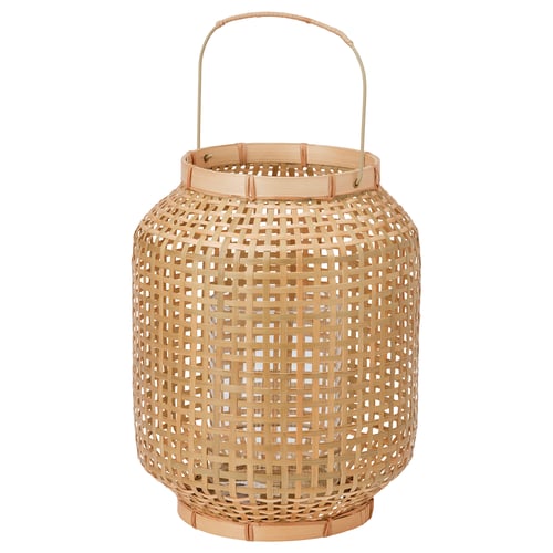 PÅVEFINK lantern, light brown. Woven bamboo with handle, cylindrical shape, intricate design.