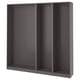 An empty, dark grey, modular wardrobe frame, named PAX, with three sections, designed for efficient storage.