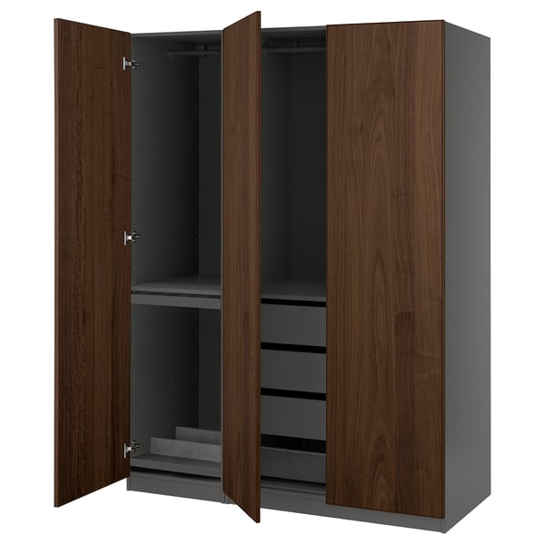 An open ikea PAX wardrobe in dark wood with grey interior compartments and shelves.