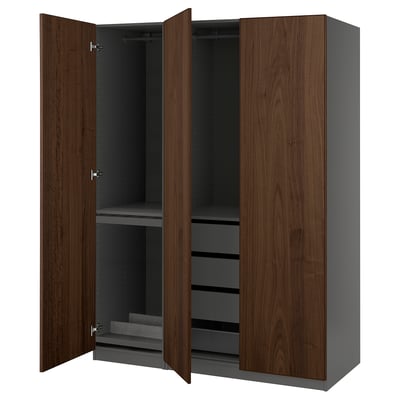 An open ikea PAX wardrobe in dark wood with grey interior compartments and shelves.