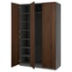 PAX wardrobe, dark brown, wooden doors open showing shelves.