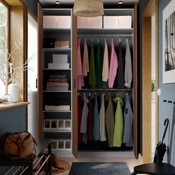Adjustable wardrobe with lights, shelves, and space for 40 shirts.