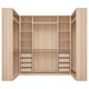 PAX wardrobe in light wood, featuring shelves and drawers, with minimalist design.