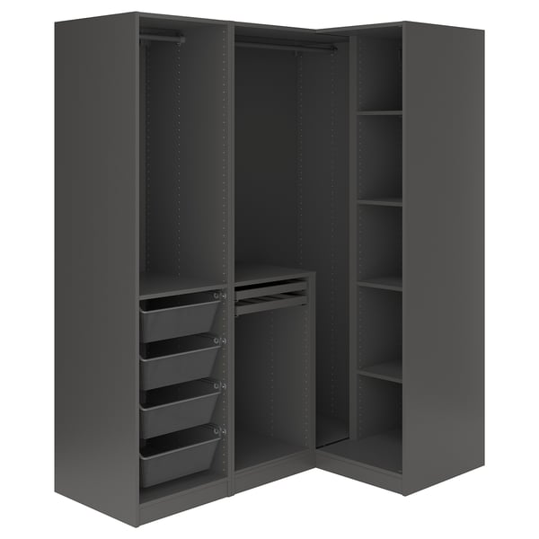 A dark grey, modern, open wardrobe named PAX with mesh drawers and shelves.