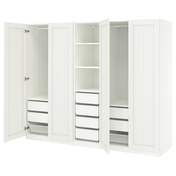 White PAX wardrobe with 2 closets and center shelves/drawers.
