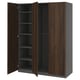 A PAX wardrobe in dark brown with grey interiors, featuring four open doors revealing shelving.