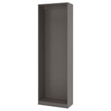 Displays an empty PAX wardrobe frame, grey, with a rectangular shape and foldable construction. It stands upright, ready for assembly.