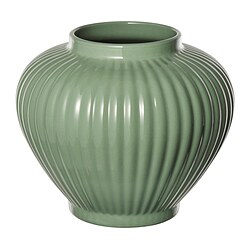 PELARBJÖRK vase: grey-green, glossy glazed stoneware, rounded bulbous shape, elegant vertical grooves.