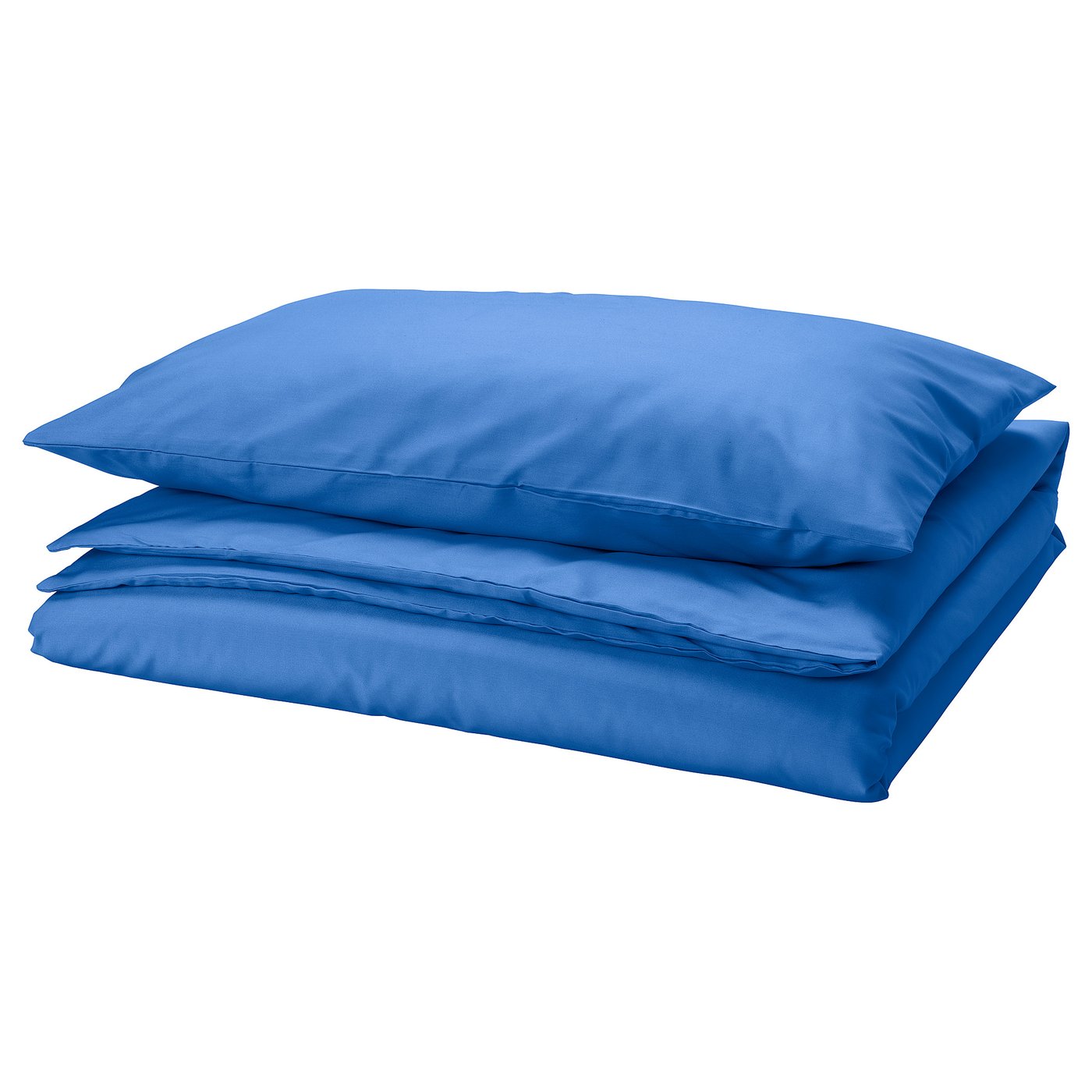 Bright blue bedding set, neatly folded. Flat sheet, fitted sheet, and two pillowcases. Recycled polyester and viscose blend. Simple, clean design.