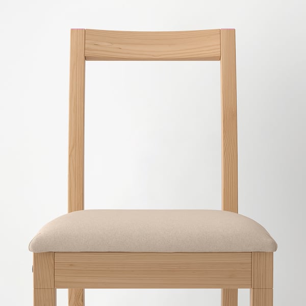 Minimalist wooden chair with upholstered seat, angled backrest, sturdy pine frame, and removable, machine-washable fabric cover.