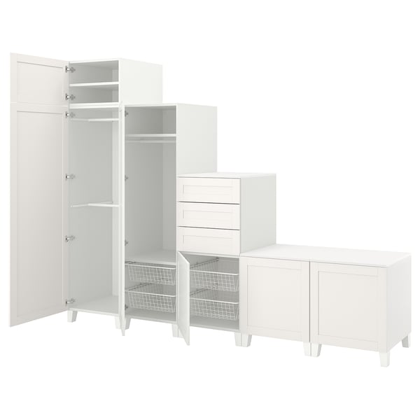 White PLATSA storage unit set, including wardrobe, chest, and bench, all with clean, minimalist design.