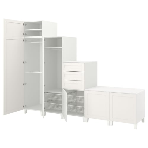 White PLATSA storage unit set, including wardrobe, chest, and bench, all with clean, minimalist design.
