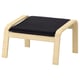 Ikea POÄNG footrest: light wood, black cushion, curved design.