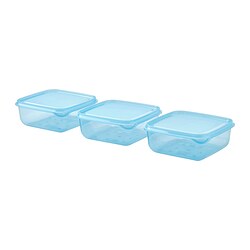 Three light blue rectangular plastic containers with lids, stacked in a row, suitable for food storage.