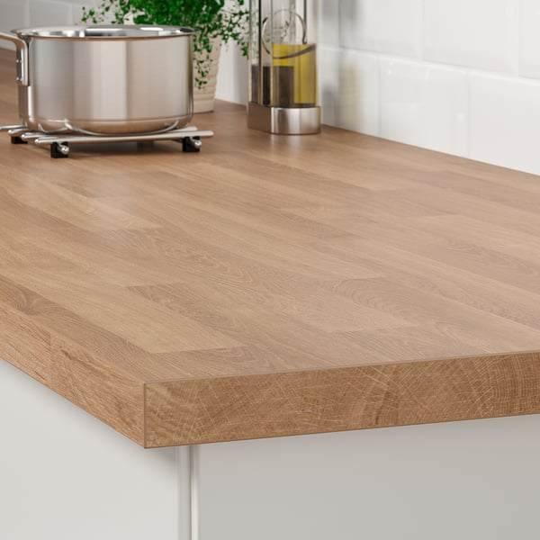 Wooden kitchen countertop, durable, easy-clean, modern.