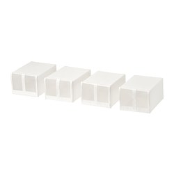 Four white shoe storage boxes lined up side by side, made of mesh and sturdy material, designed for organising shoes in a wardrobe.