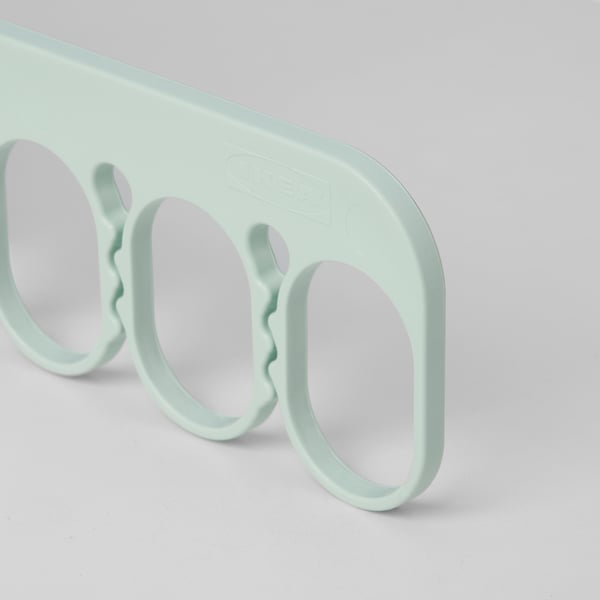 Light green plastic hanger with 4 loops, designed for small garments, against white background.