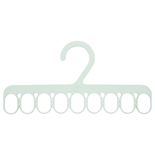 The SLIBB hanger is light green, made of 20% recycled plastic, and has eight loops for hanging small garments like socks and underwear.