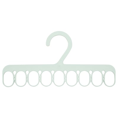 The SLIBB hanger is light green, made of 20% recycled plastic, and has eight loops for hanging small garments like socks and underwear.