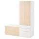 The SMÅSTAD wardrobe, in white and light wood, hanging space, drawers, and a bench for versatile storage.