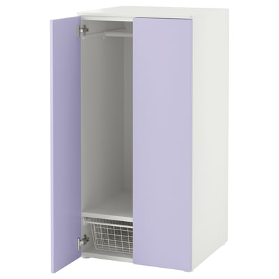 A white and lavender SMÅSTAD wardrobe for kids, featuring adjustable shelves and a wire basket.
