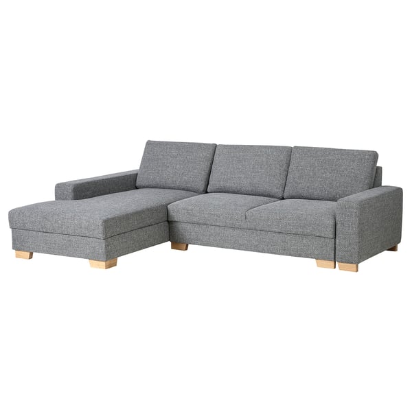 Modern gray sectional sofa with light wood legs, chic and minimalist design.