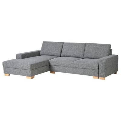 Modern gray sectional sofa with light wood legs, chic and minimalist design.